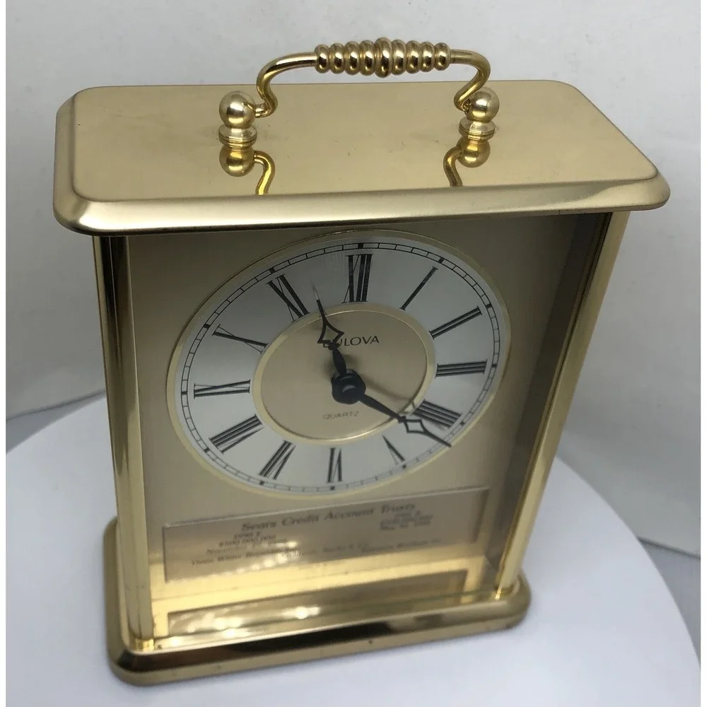 Vintage Bulova Clock Heavy‎ Brass Quartz Mantel Clock, Germany, Sears, Works!